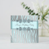 Silver Teal Blue Zebra Womans Birthday Party Invitation (Standing Front)