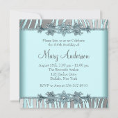 Silver Teal Blue Zebra Womans Birthday Party Invitation (Back)