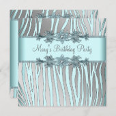 Silver Teal Blue Zebra Womans Birthday Party Invitation (Front/Back)