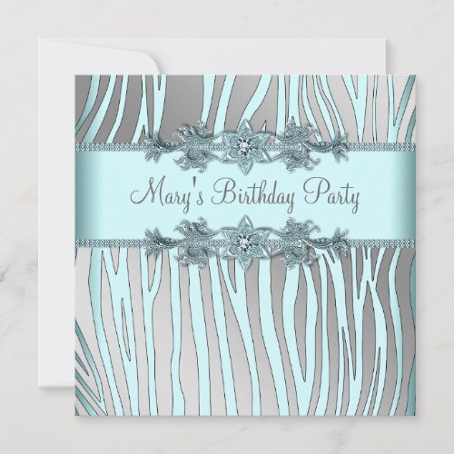 Silver Teal Blue Zebra Womans Birthday Party Invitation