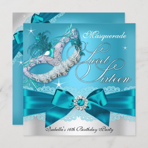 Silver Teal Bow Masquerade Sweet Sixteen Invite