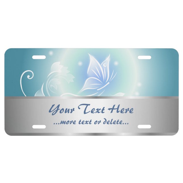Silver Teal Butterfly Animal Personalize License Plate (Front)