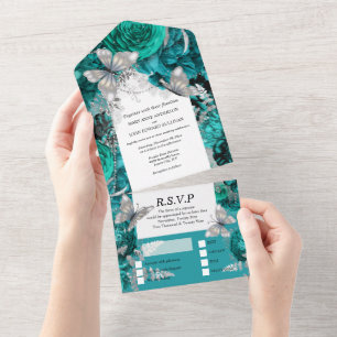 Silver teal butterfly chic shimmer glitter rose all in one invitation