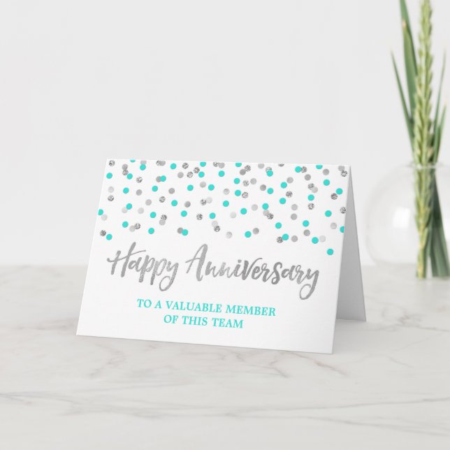 Silver Teal Confetti Employee Anniversary Card (Front)