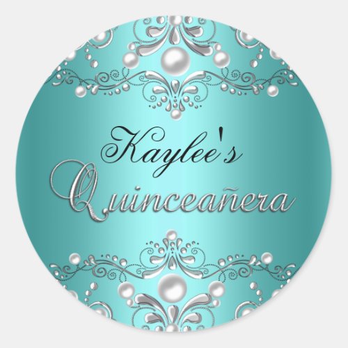 Silver  Teal Damask Pearl Quinceanera Sticker