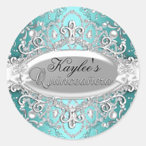 Silver  Teal Damask Pearl Quinceanera Sticker