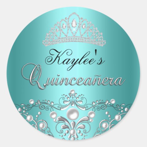 Silver  Teal Damask Pearl Quinceanera Sticker