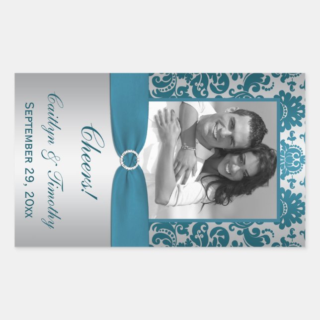 Silver.Teal Damask Photo Wine Label Sticker (Front)
