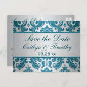 Silver, Teal Damask Save the Date Card (Front/Back)