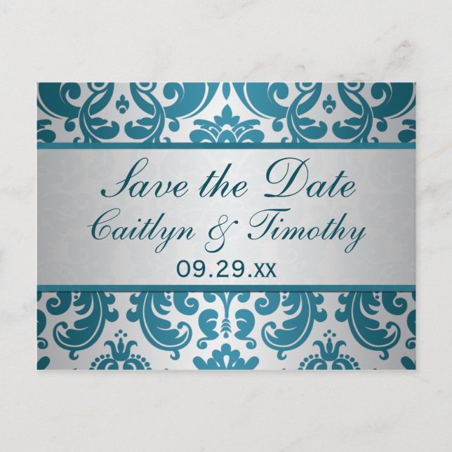 Silver, Teal Damask Save the Date Card (Front)