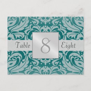 Silver & Teal Damask Wedding Table Number Card by theedgeweddings at Zazzle
