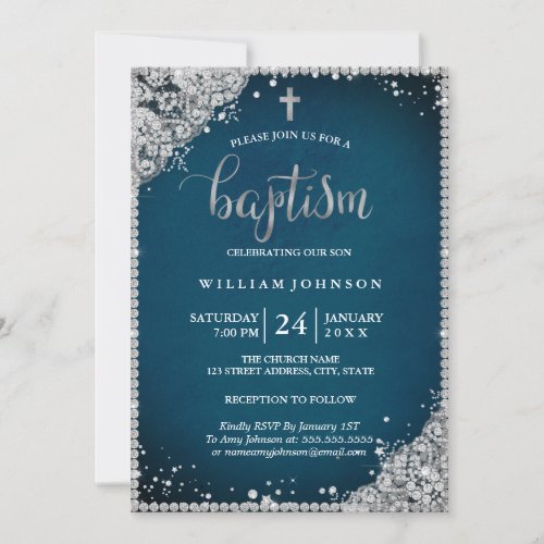 Silver Teal Diamond Lace Cross Baptism Invitation