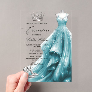 Silver Teal Dress Princess Quinceañera Acrylic Invitations