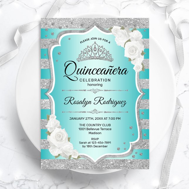 Silver Teal Elegant Quinceanera Invitation (Creator Uploaded)