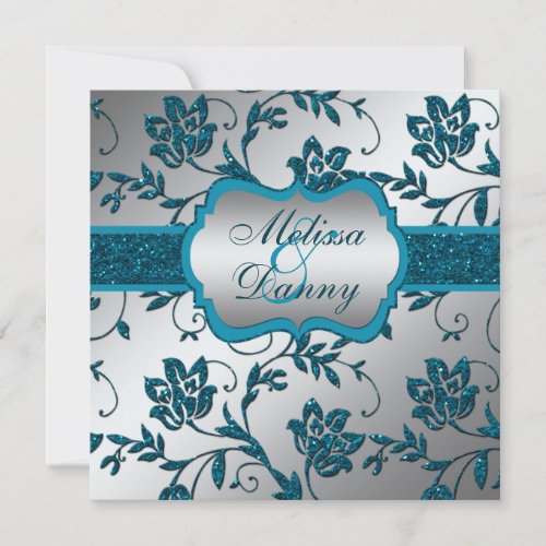 Silver Teal FAUX Glitter Floral Engagement Party Custom Invites