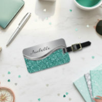 Silver Teal Faux Glitter Glam Personalized Metal