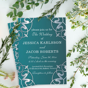 Silver & Teal Filigree Cutout Luxury Frame Wedding Invitation