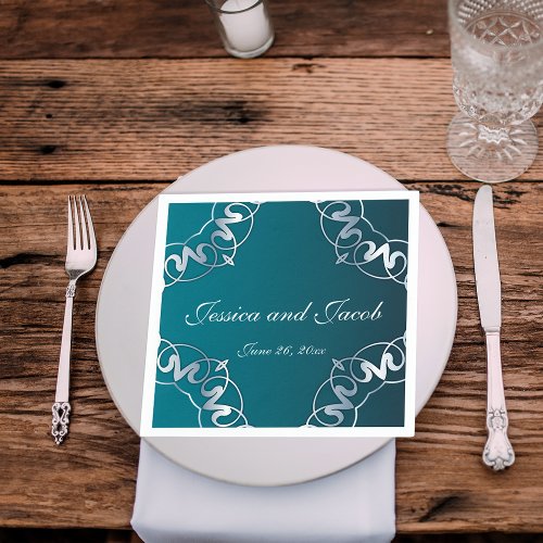 Silver  Teal Filigree Cutout Luxury Frame Wedding Napkins