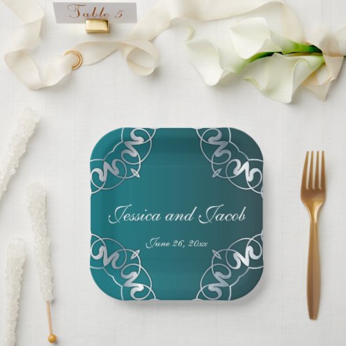 Silver  Teal Filigree Cutout Luxury Frame Wedding Paper Plates