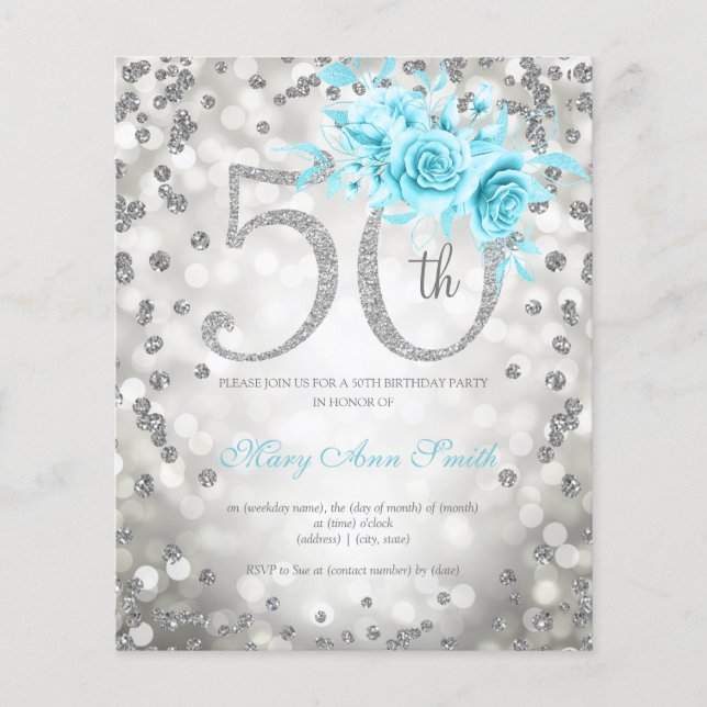 Silver Teal Floral 50th Birthday Lights Invite Flyer (Front)