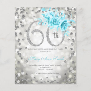 Silver Teal Floral 60 Birthday Lights Invitation Flyer