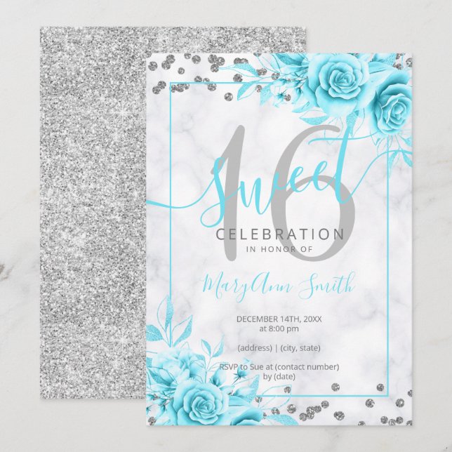 Silver Teal Floral Sweet 16 Marble Glitter   Invitation (Front/Back)
