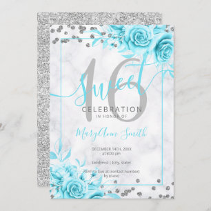 Silver Teal Floral Sweet 16 Marble Glitter Invitation