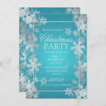 Silver Teal Foil Snowflakes Christmas Party Invitation