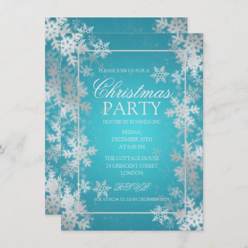 Silver Teal Foil Snowflakes Christmas Party Invitation