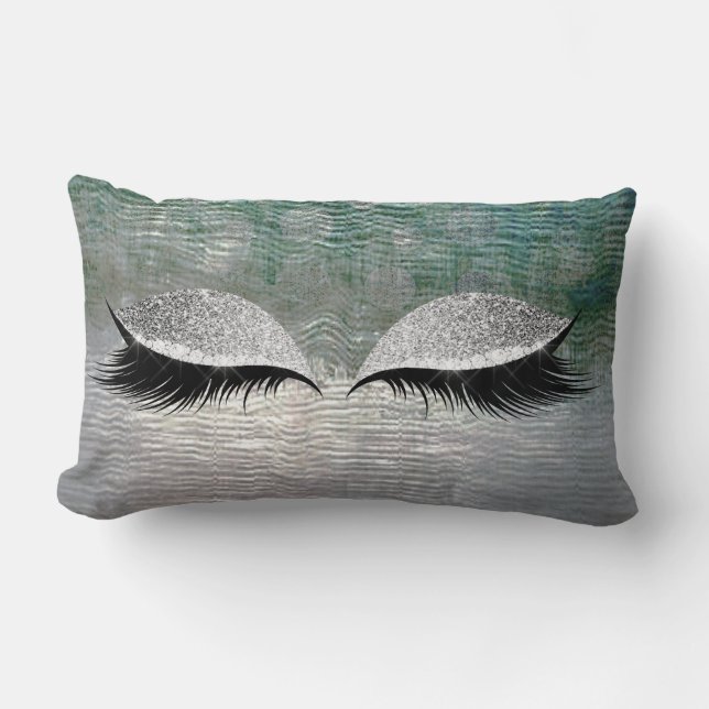Silver Teal Glitter Black Glam Make Up Gray Lumbar Pillow (Front)