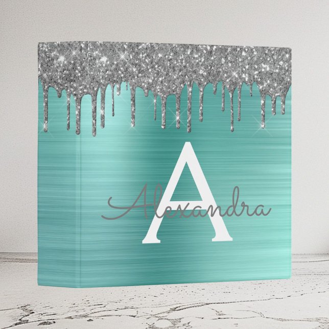 Silver Teal Glitter Brushed Metal Monogram Name 3 Ring Binder (Creator Uploaded)