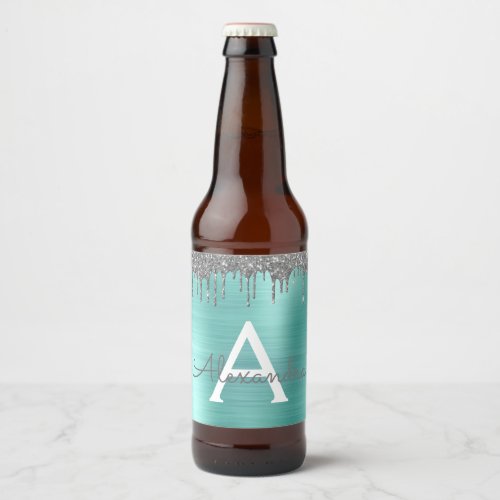 Silver Teal Glitter Brushed Metal Monogram Name Beer Bottle Label