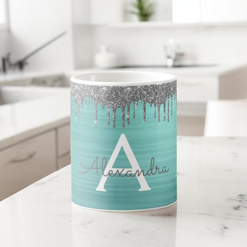 Silver Teal Glitter Brushed Metal Monogram Name Coffee Mug