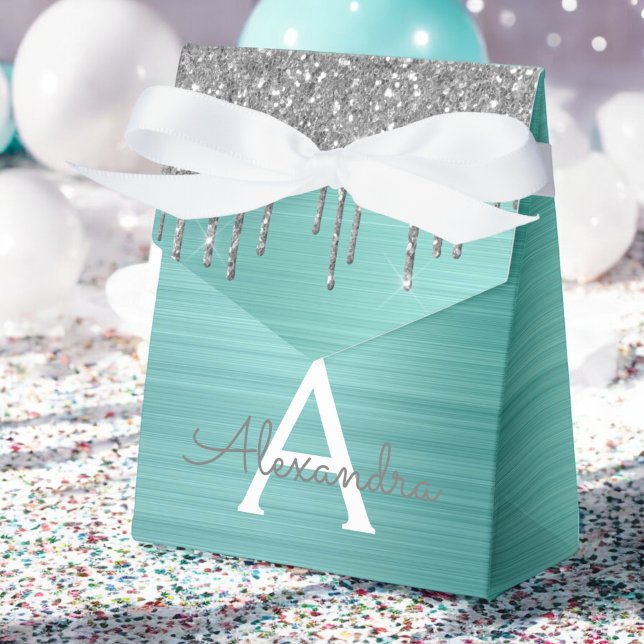 Silver Teal Glitter Brushed Metal Monogram Name Favor Boxes (Creator Uploaded)
