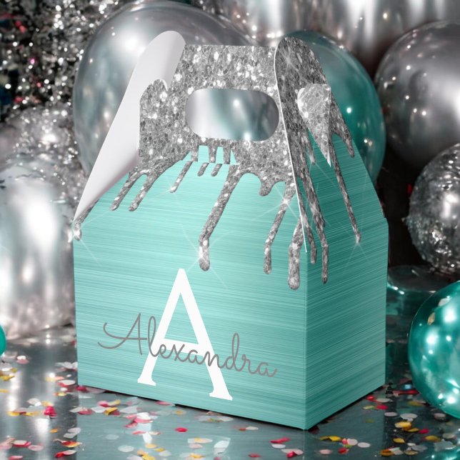 Silver Teal Glitter Brushed Metal Monogram Name Favor Boxes (Creator Uploaded)