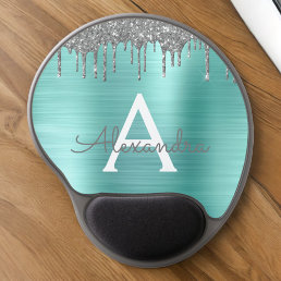 Silver Teal Glitter Brushed Metal Monogram Name Gel Mouse Pad