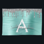 Silver Teal Glitter Brushed Metal Monogram Name Kitchen Towel<br><div class="desc">Silver and Teal Aqua Blue Faux Foil Metallic Sparkle Glitter Brushed Metal Monogram Name and Initial Kitchen Towel. This makes the perfect sweet 16 birthday,  wedding,  bridal shower,  anniversary,  baby shower or bachelorette party gift for someone that loves glam luxury and chic styles.</div>