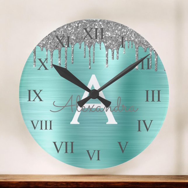 Silver Teal Glitter Brushed Metal Monogram Name Large Clock (Creator Uploaded)