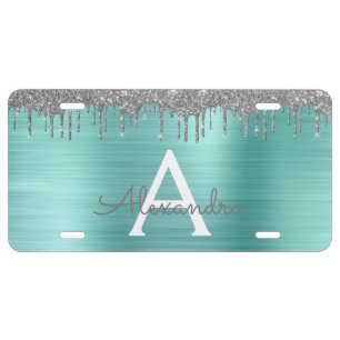 Silver Teal Glitter Brushed Metal Monogram Name License Plate