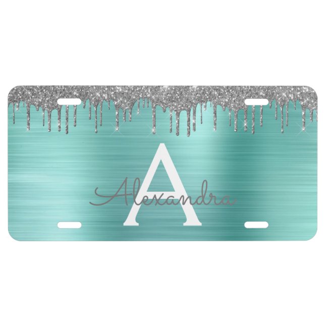 Silver Teal Glitter Brushed Metal Monogram Name License Plate (Front)