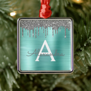 Silver Teal Glitter Brushed Metal Monogram Name Metal Ornament