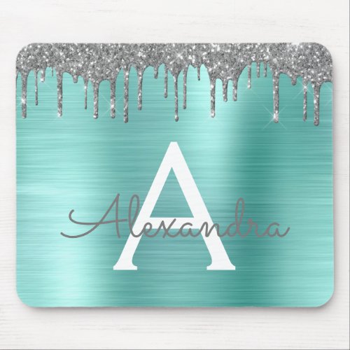 Silver Teal Glitter Brushed Metal Monogram Name Mouse Pad