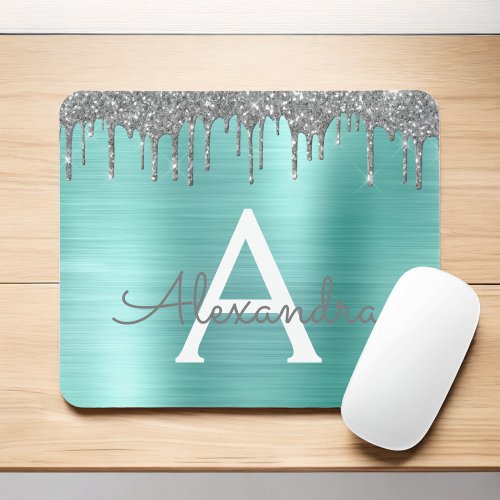 Silver Teal Glitter Brushed Metal Monogram Name Mouse Pad