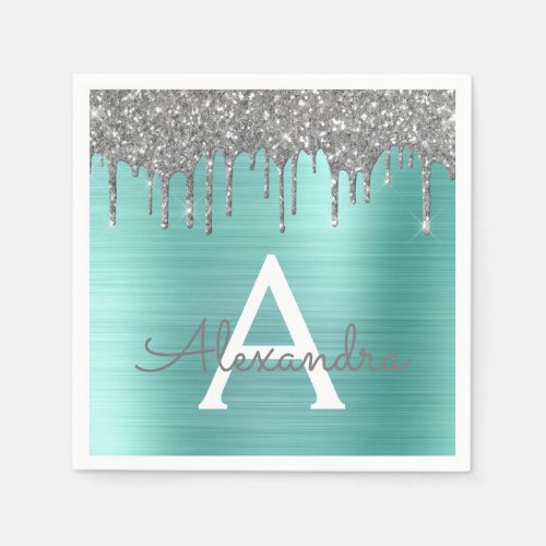 Silver Teal Glitter Brushed Metal Monogram Name Napkins