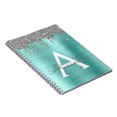 Silver Teal Glitter Brushed Metal Monogram Name Notebook (Right Side)