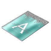 Silver Teal Glitter Brushed Metal Monogram Name Notebook (Left Side)