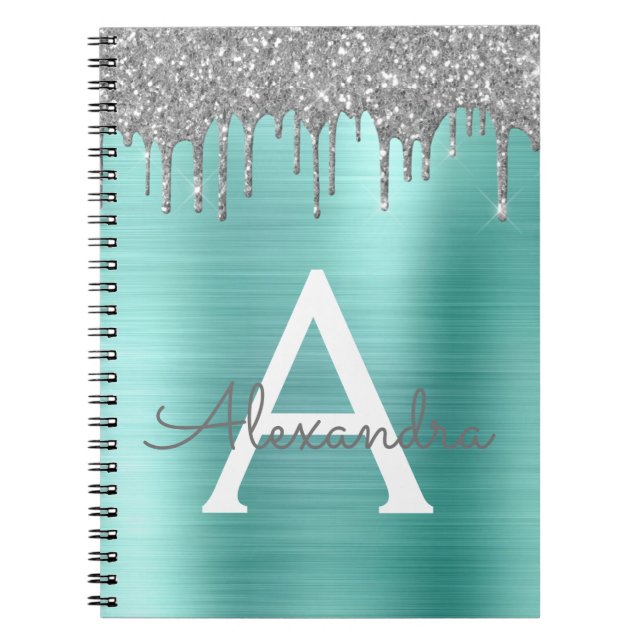 Silver Teal Glitter Brushed Metal Monogram Name Notebook (Front)