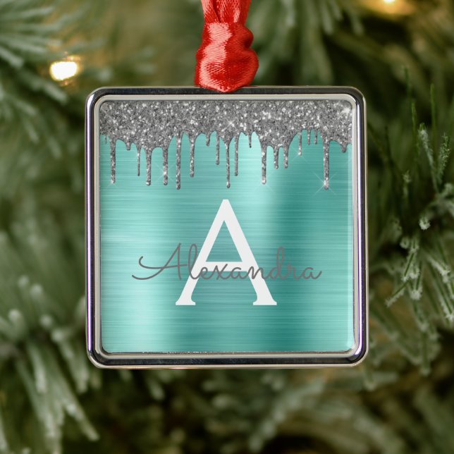 Silver Teal Glitter Brushed Metal Monogram Name Ornament (Tree)
