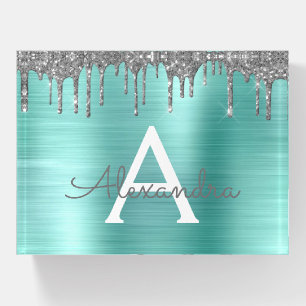Silver Teal Glitter Brushed Metal Monogram Name Paperweight
