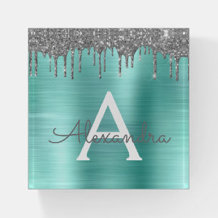 Silver Teal Glitter Brushed Metal Monogram Name Paperweight